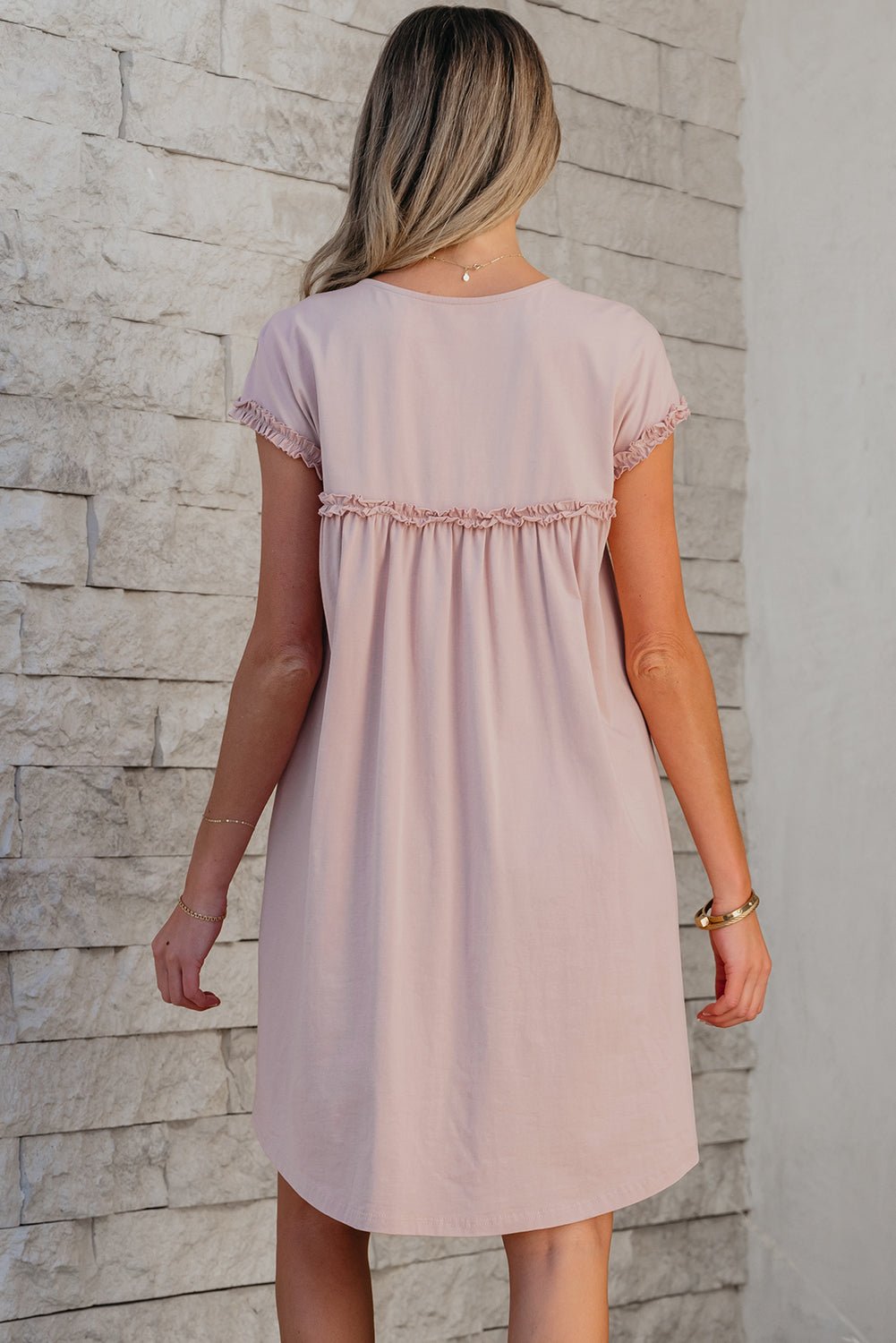 Solid Frilled Trim Short Sleeve Mini Dress - Rooted & Reckless Co.