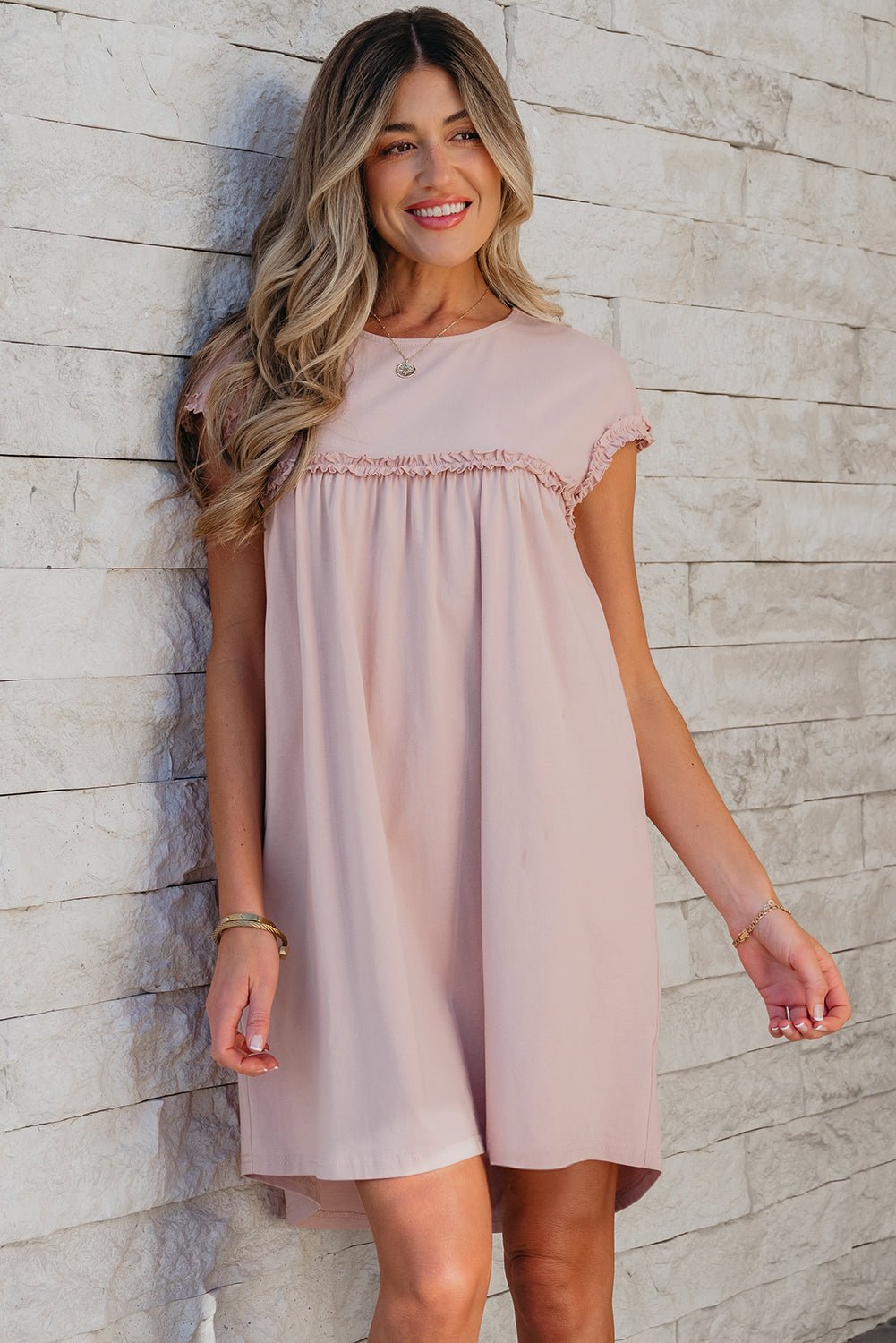 Solid Frilled Trim Short Sleeve Mini Dress - Rooted & Reckless Co.