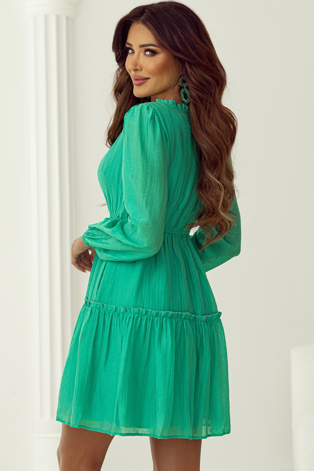 Solid Frilly V-Neck Puff Sleeve Mini Dress - Rooted & Reckless Co.