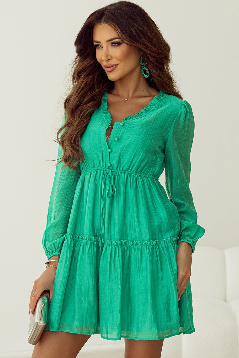 Solid Frilly V-Neck Puff Sleeve Mini Dress - Rooted & Reckless Co.