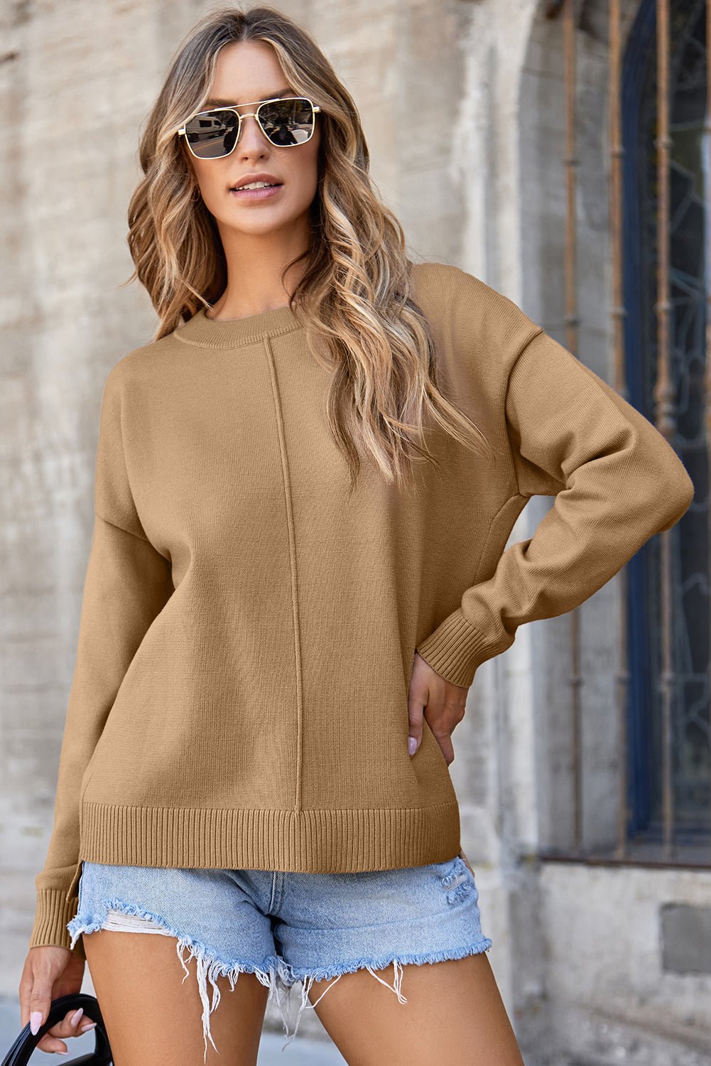 Solid Front Center Seam Drop Shoulder Sweater - Rooted & Reckless Co.