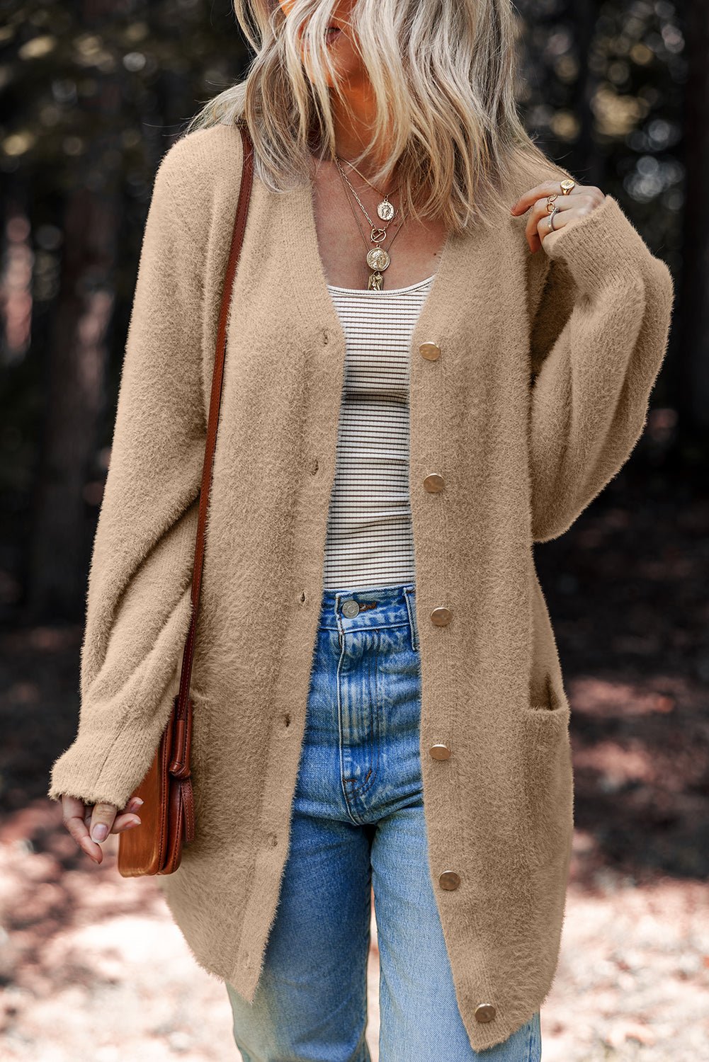 Solid Fuzzy Button-Front Cardigan - Rooted & Reckless Co.