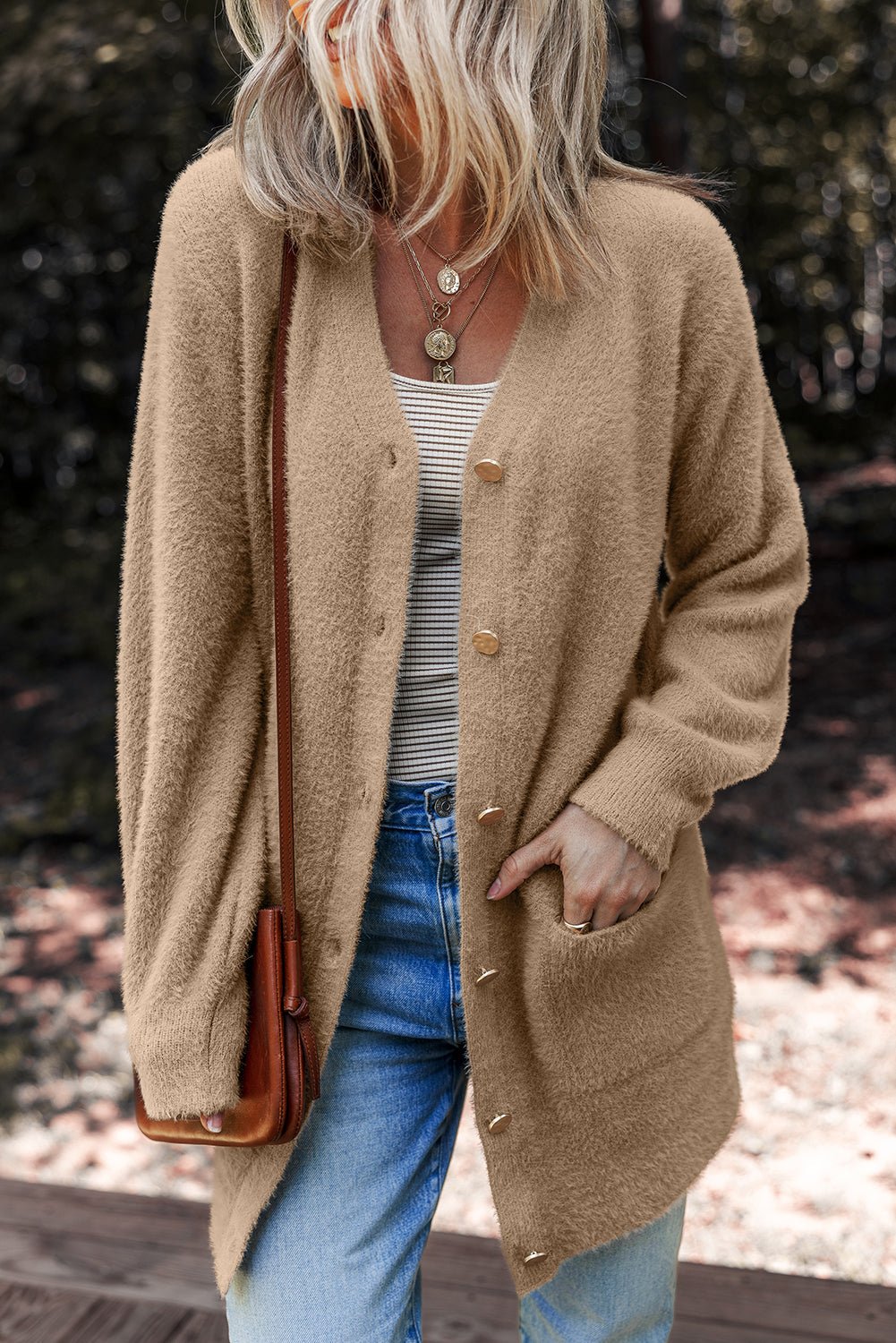 Solid Fuzzy Button-Front Cardigan - Rooted & Reckless Co.