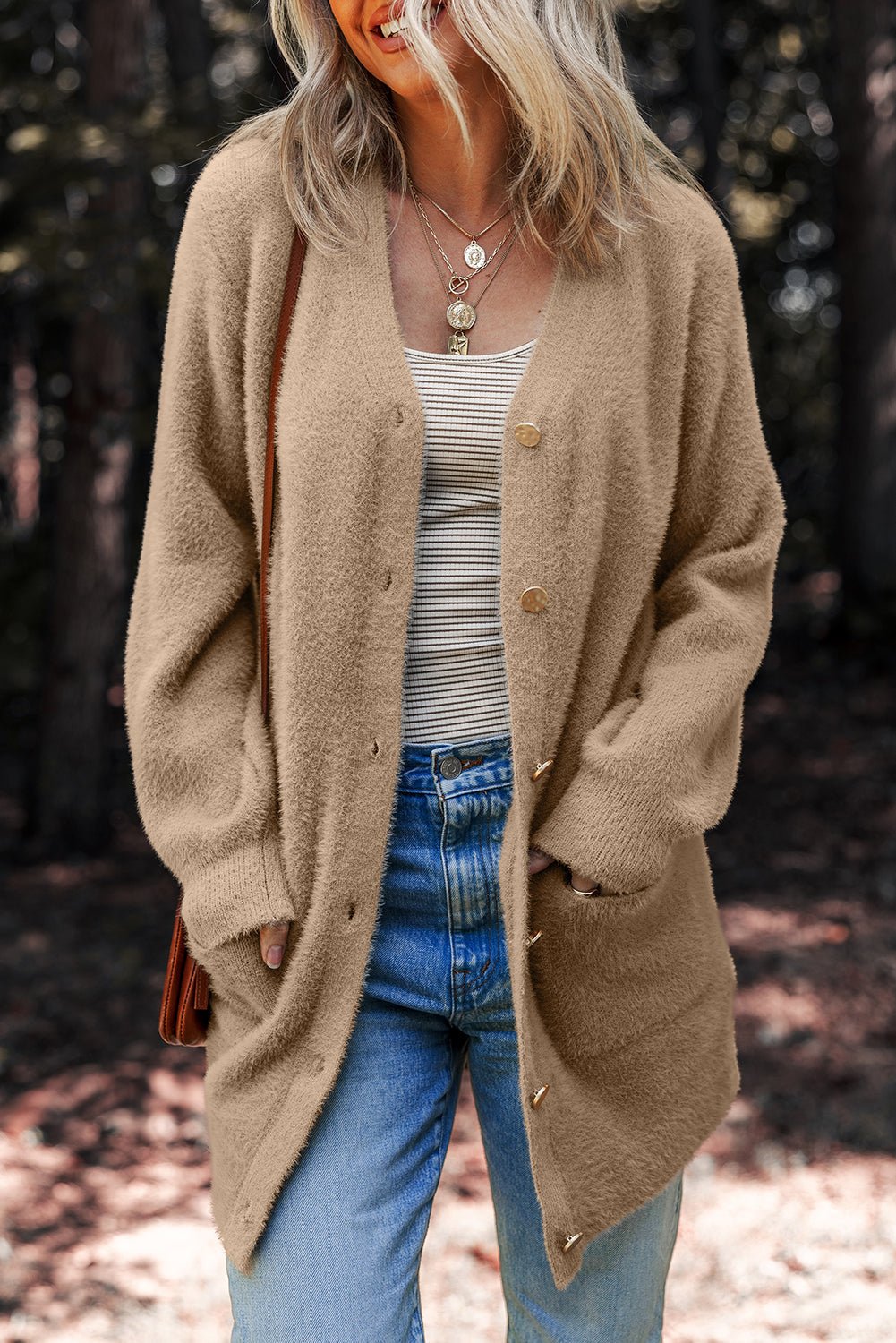 Solid Fuzzy Button-Front Cardigan - Rooted & Reckless Co.