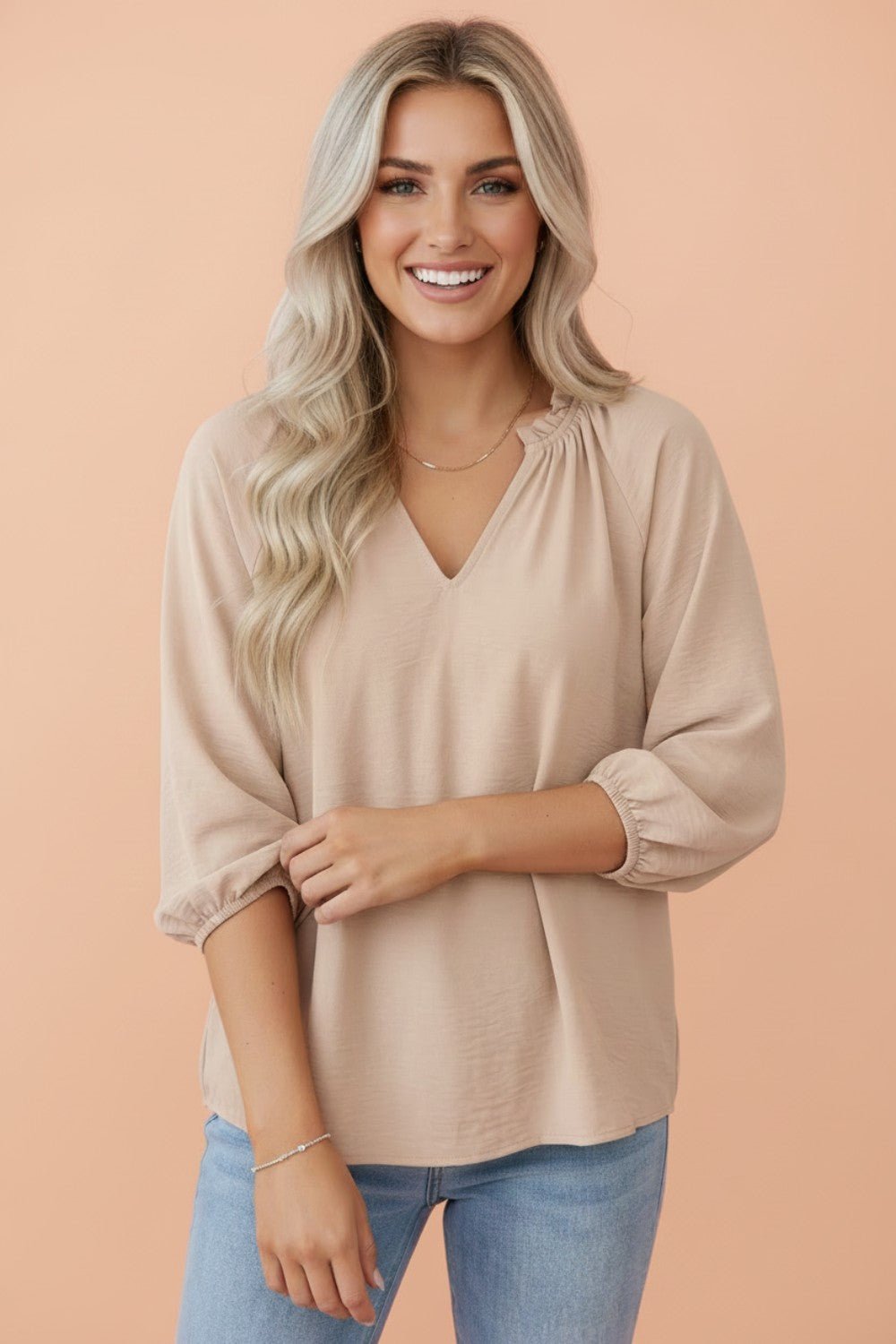Solid Gathered Cuff 3/4 Sleeve V-Neck Blouse - Rooted & Reckless Co.