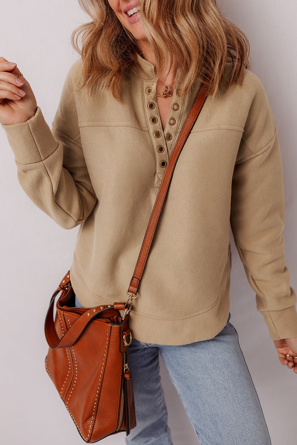 Solid Grommet V-Neck Drop Shoulder Sweatshirt - Rooted & Reckless Co.