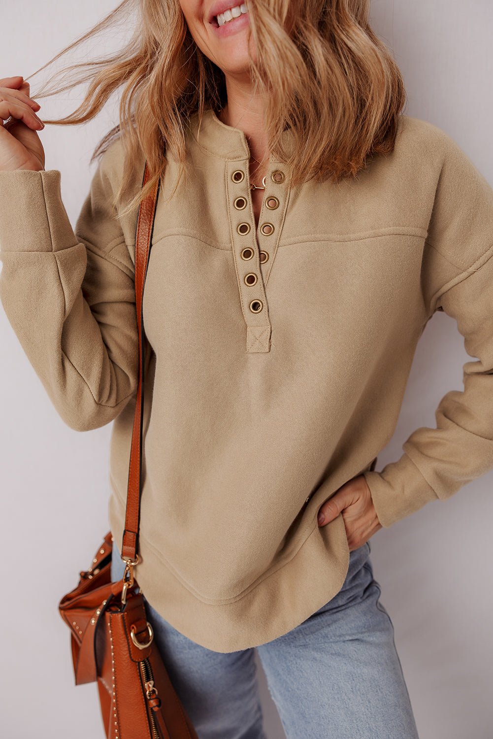 Solid Grommet V-Neck Drop Shoulder Sweatshirt - Rooted & Reckless Co.