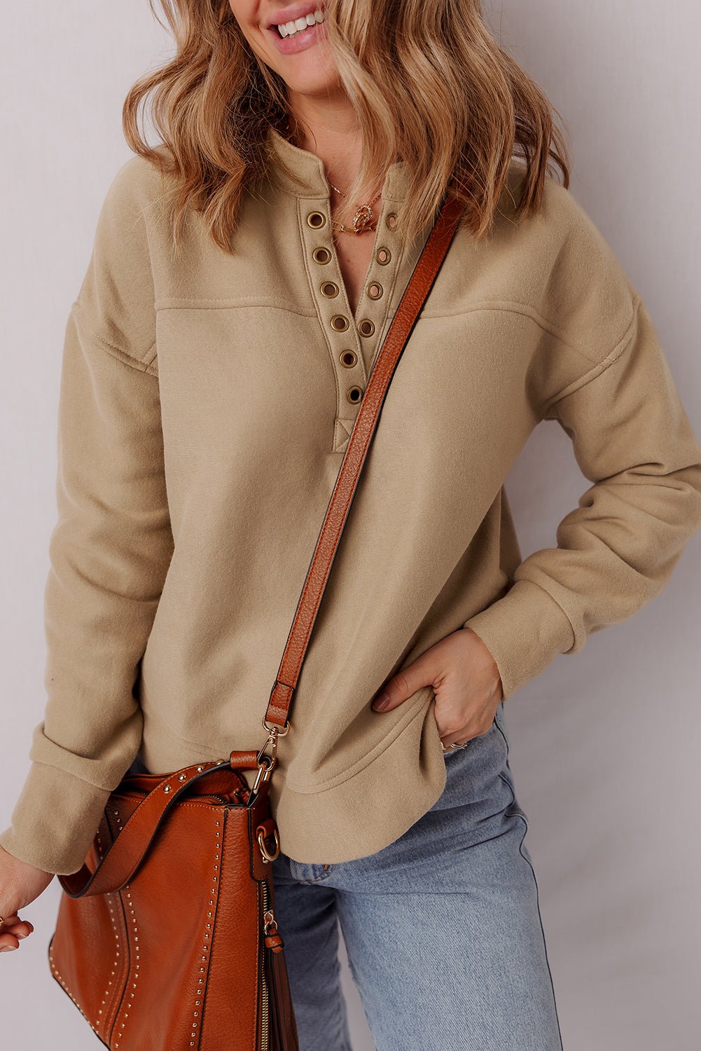 Solid Grommet V-Neck Drop Shoulder Sweatshirt - Rooted & Reckless Co.