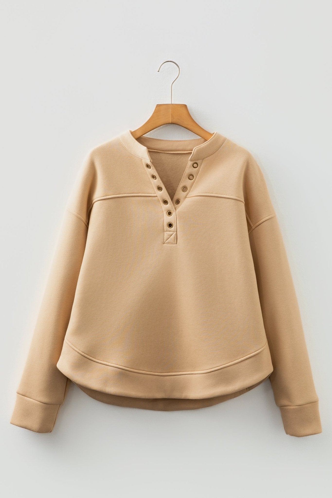 Solid Grommet V-Neck Drop Shoulder Sweatshirt - Rooted & Reckless Co.