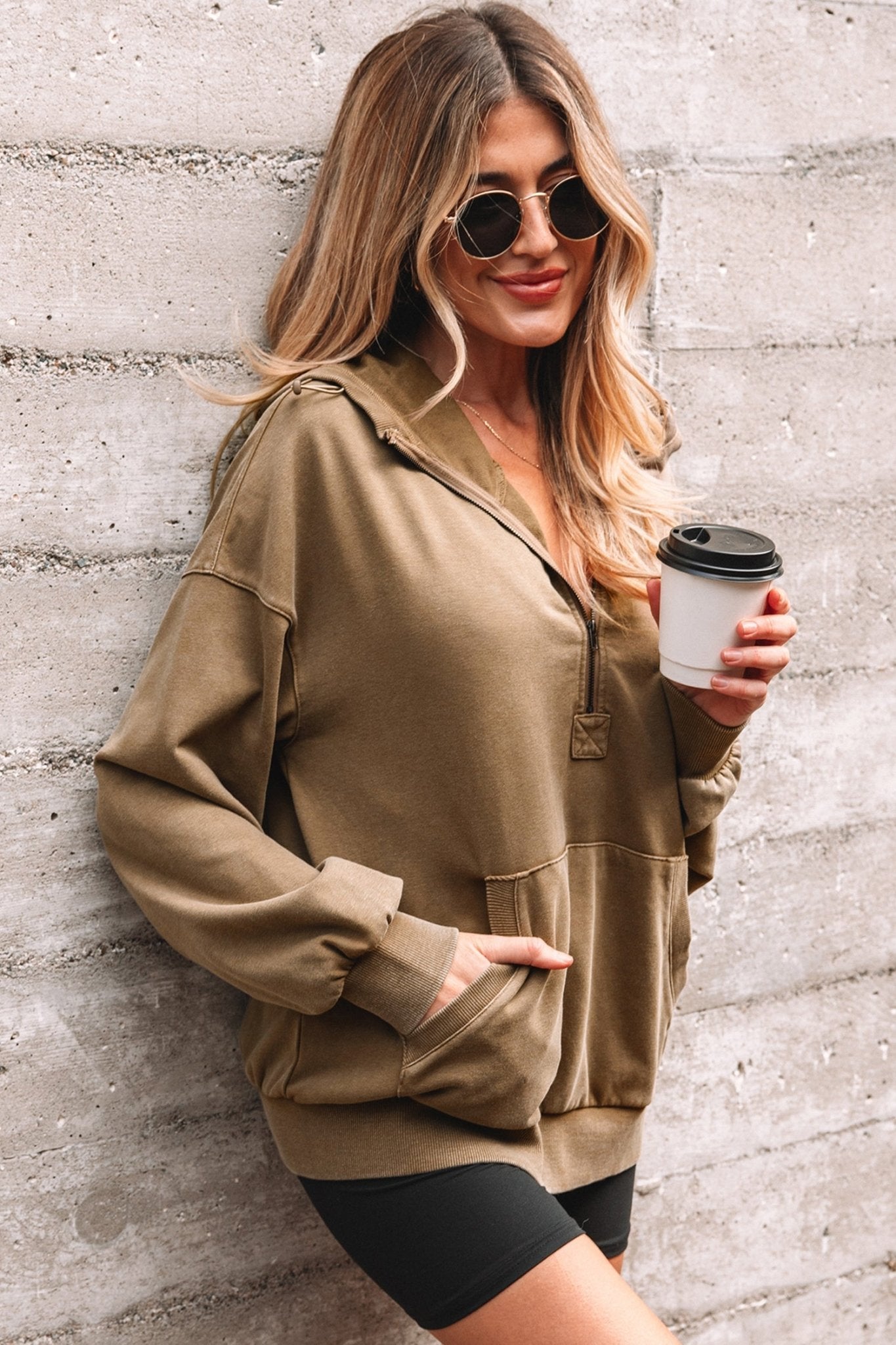 Solid Half-Zip Kangaroo Pocket Baggy Hoodie - Rooted & Reckless Co.