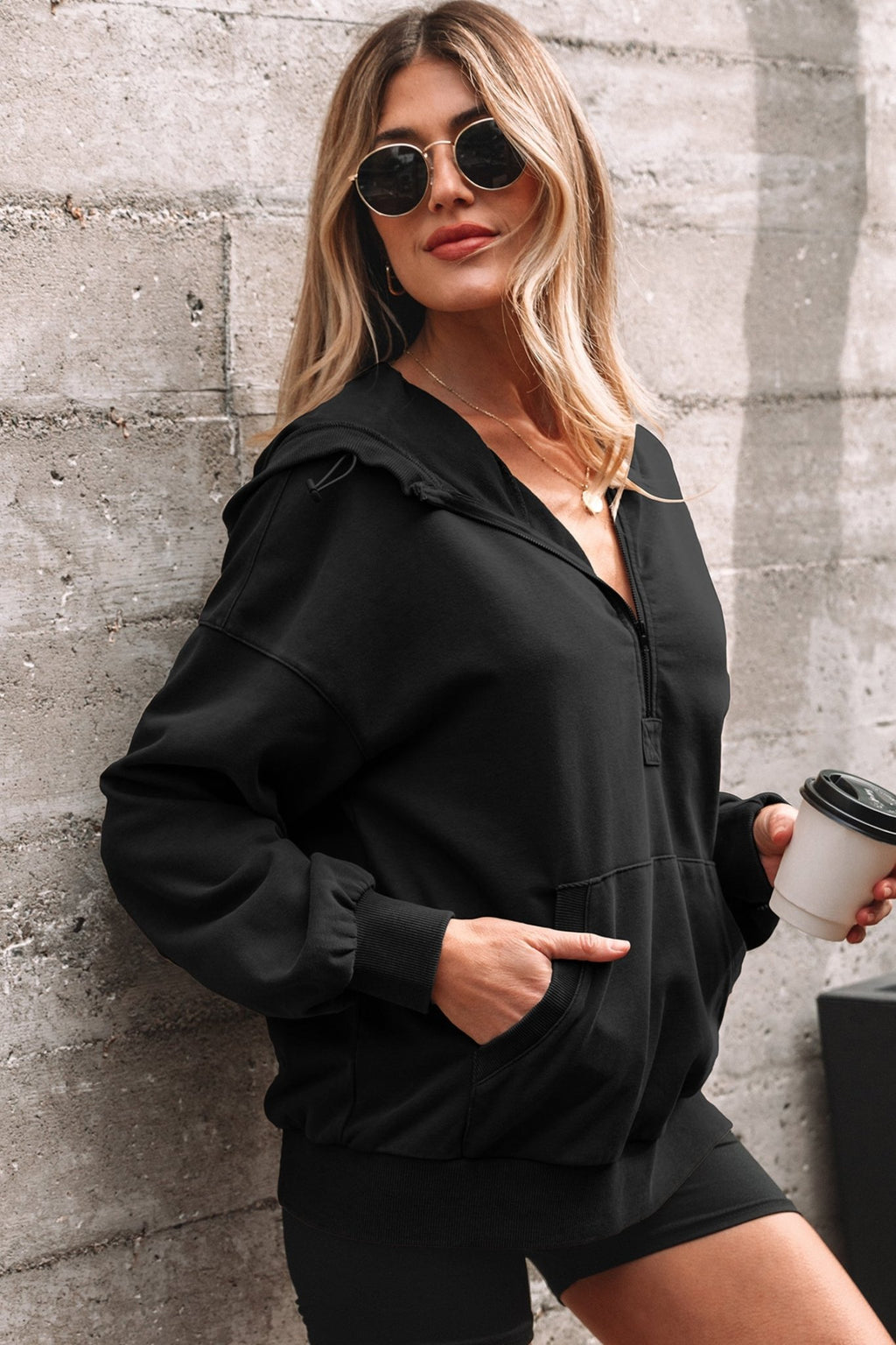 Solid Half-Zip Kangaroo Pocket Baggy Hoodie - Rooted & Reckless Co.
