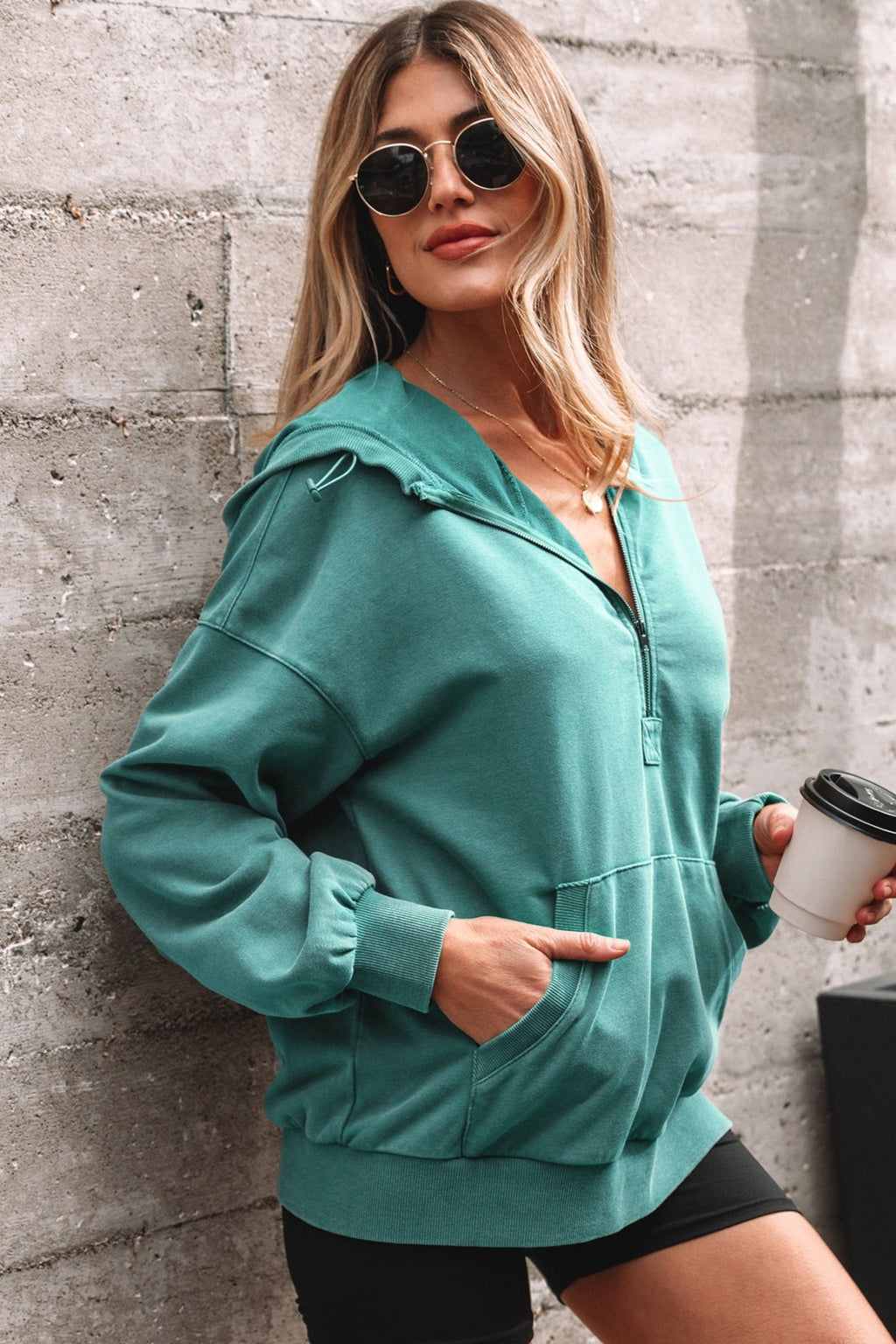 Solid Half-Zip Kangaroo Pocket Baggy Hoodie - Rooted & Reckless Co.