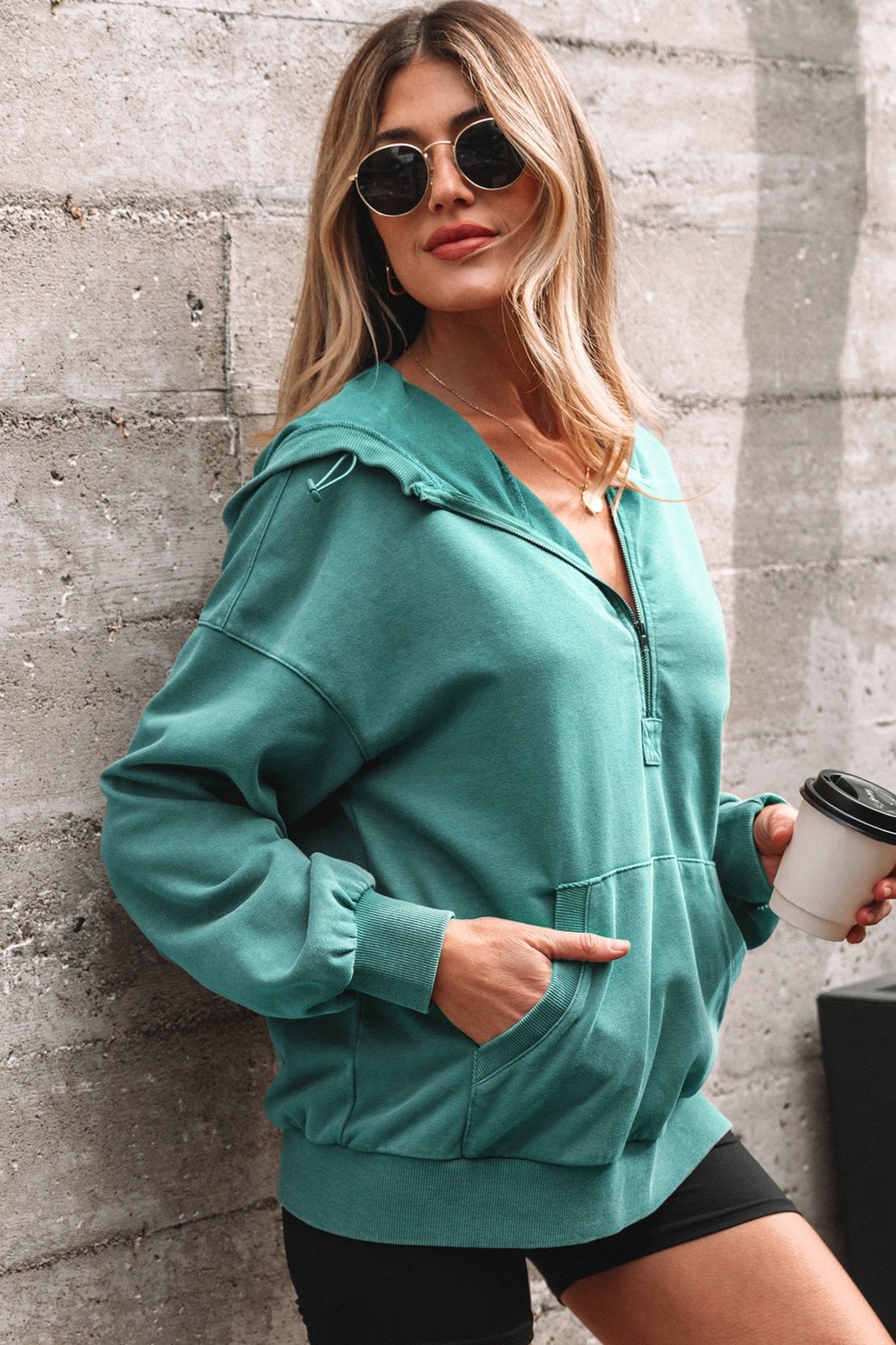 Solid Half-Zip Kangaroo Pocket Baggy Hoodie - Rooted & Reckless Co.