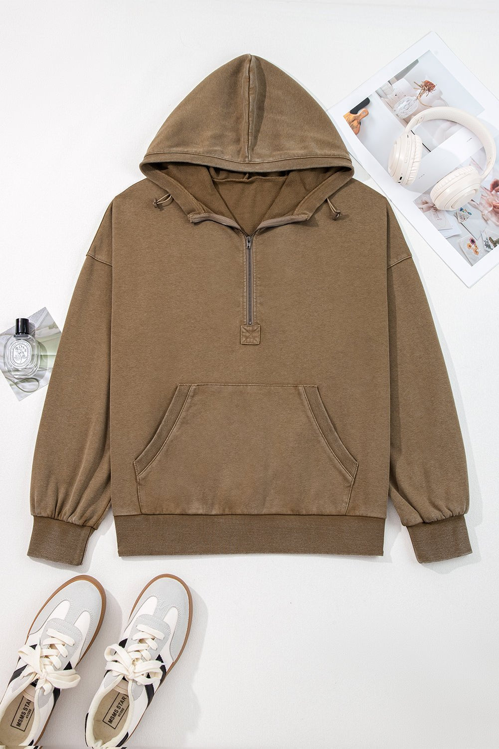 Solid Half-Zip Kangaroo Pocket Baggy Hoodie - Rooted & Reckless Co.