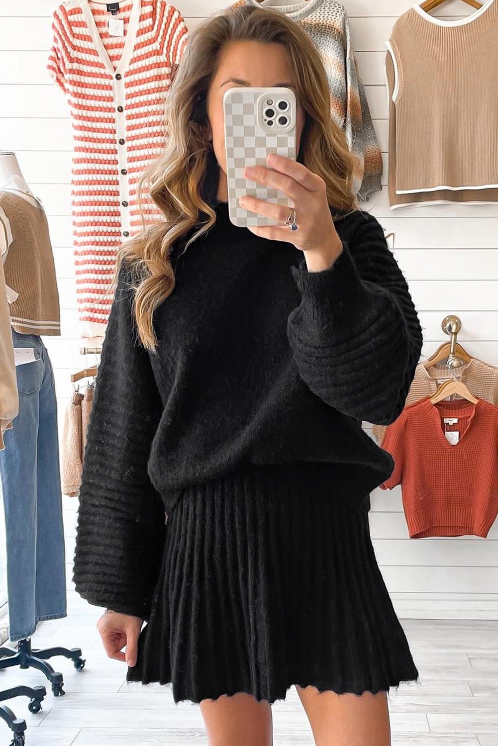 Solid High Neck Sweater and Pleated Mini Skirt Set - Rooted & Reckless Co.