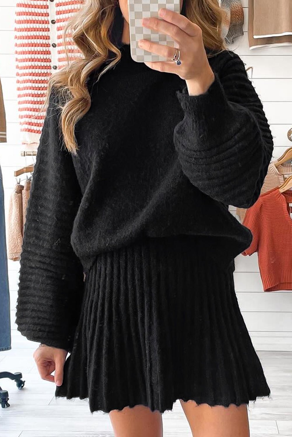 Solid High Neck Sweater and Pleated Mini Skirt Set - Rooted & Reckless Co.