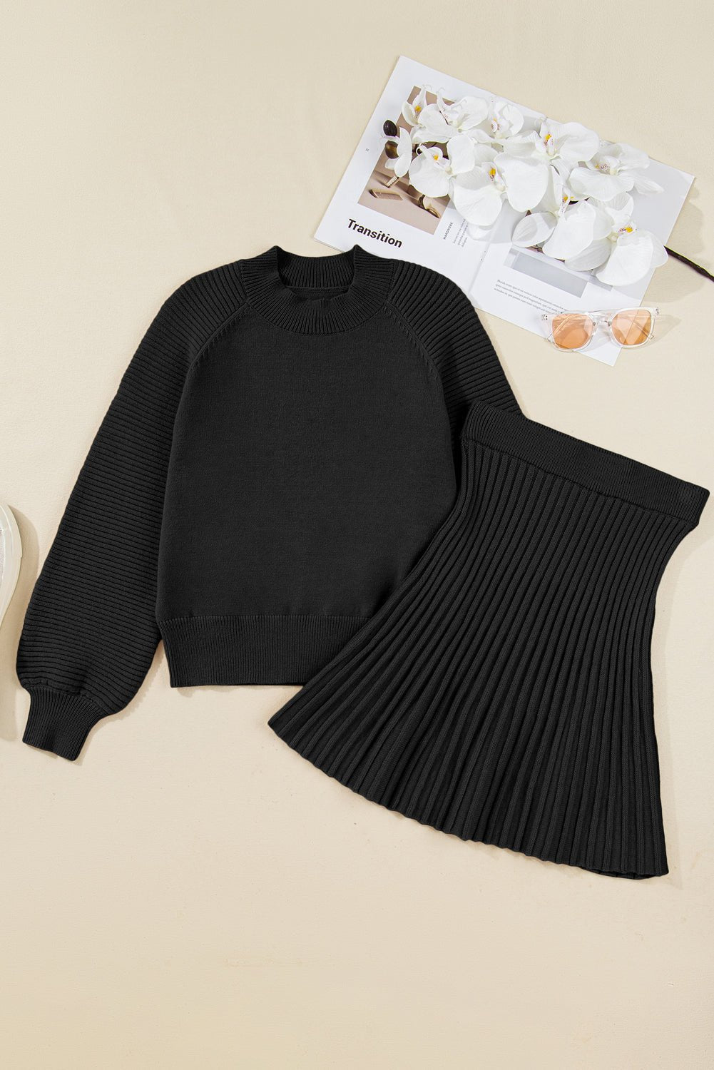 Solid High Neck Sweater and Pleated Mini Skirt Set - Rooted & Reckless Co.