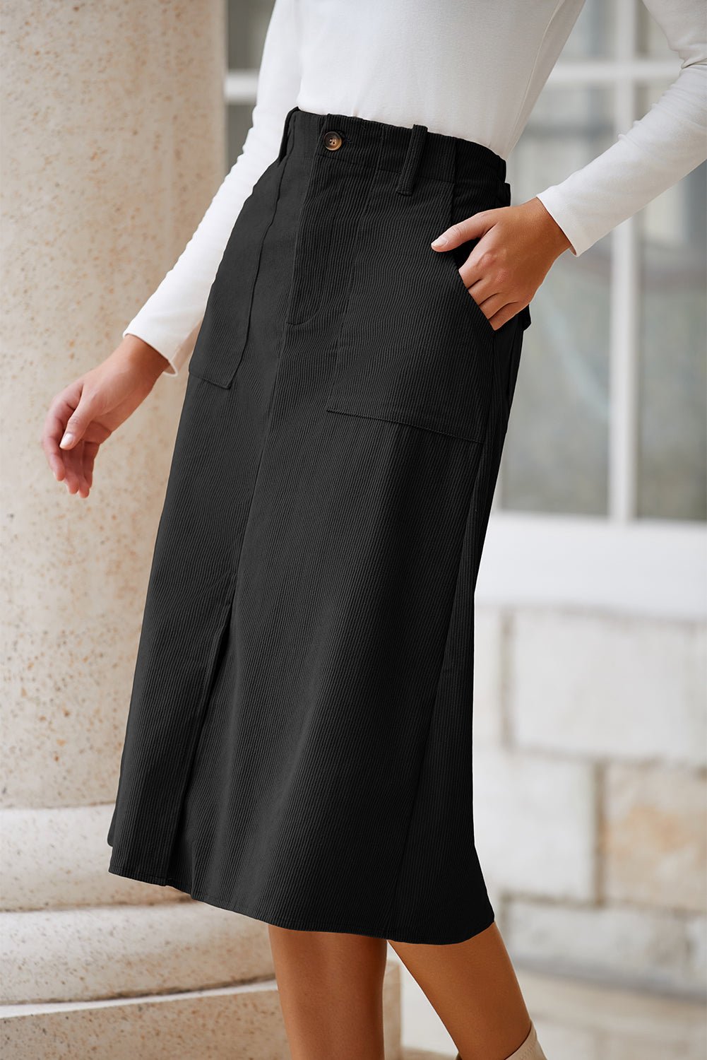 Solid High Waist Front-Slit Midi Skirt - Rooted & Reckless Co.