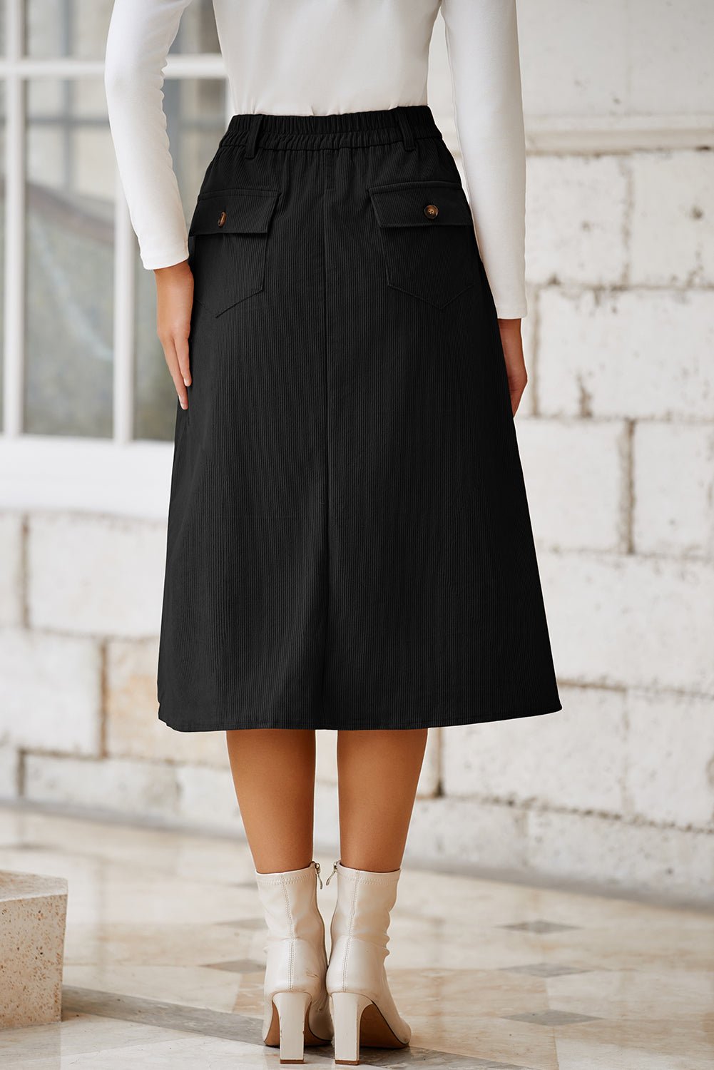 Solid High Waist Front-Slit Midi Skirt - Rooted & Reckless Co.