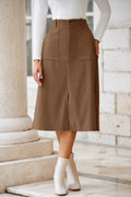 Solid High Waist Front-Slit Midi Skirt - Rooted & Reckless Co.