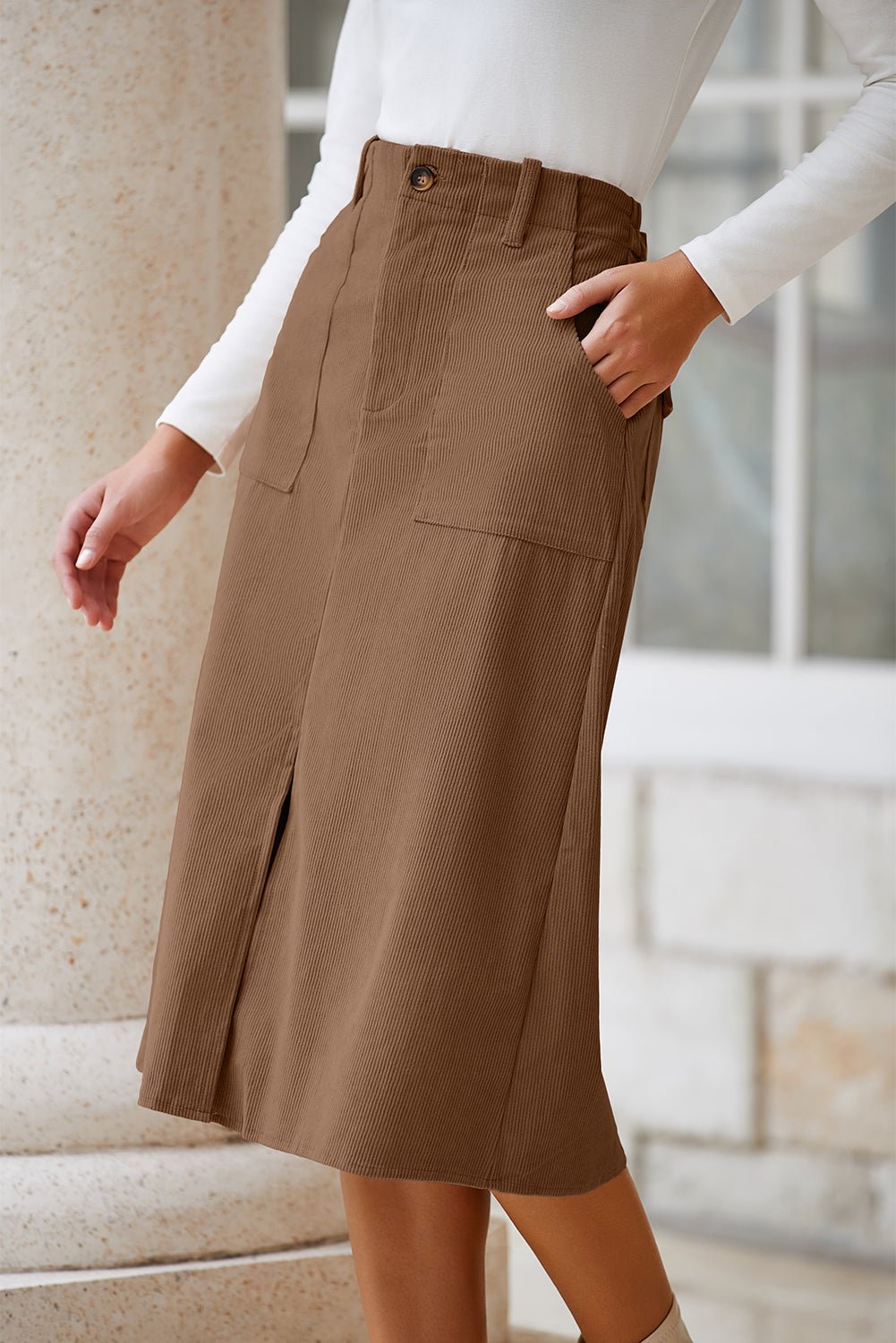 Solid High Waist Front-Slit Midi Skirt - Rooted & Reckless Co.