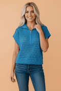 Solid Hollowed Knit Zipped Collar Short Sleeve Top - Rooted & Reckless Co.