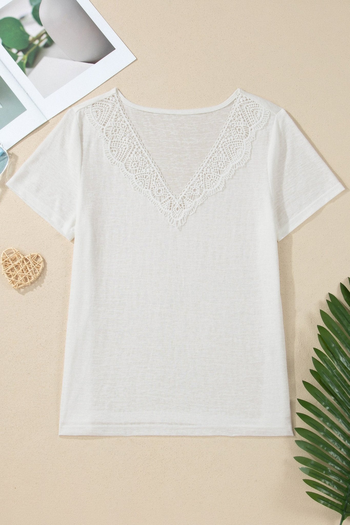Solid Hollowed Lace Trim V-Neck T-Shirt - Rooted & Reckless Co.