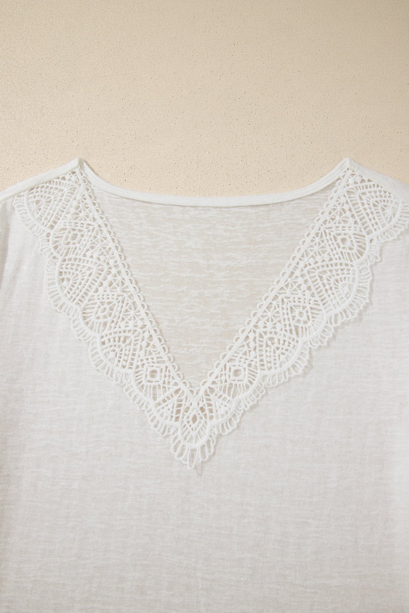 Solid Hollowed Lace Trim V-Neck T-Shirt - Rooted & Reckless Co.