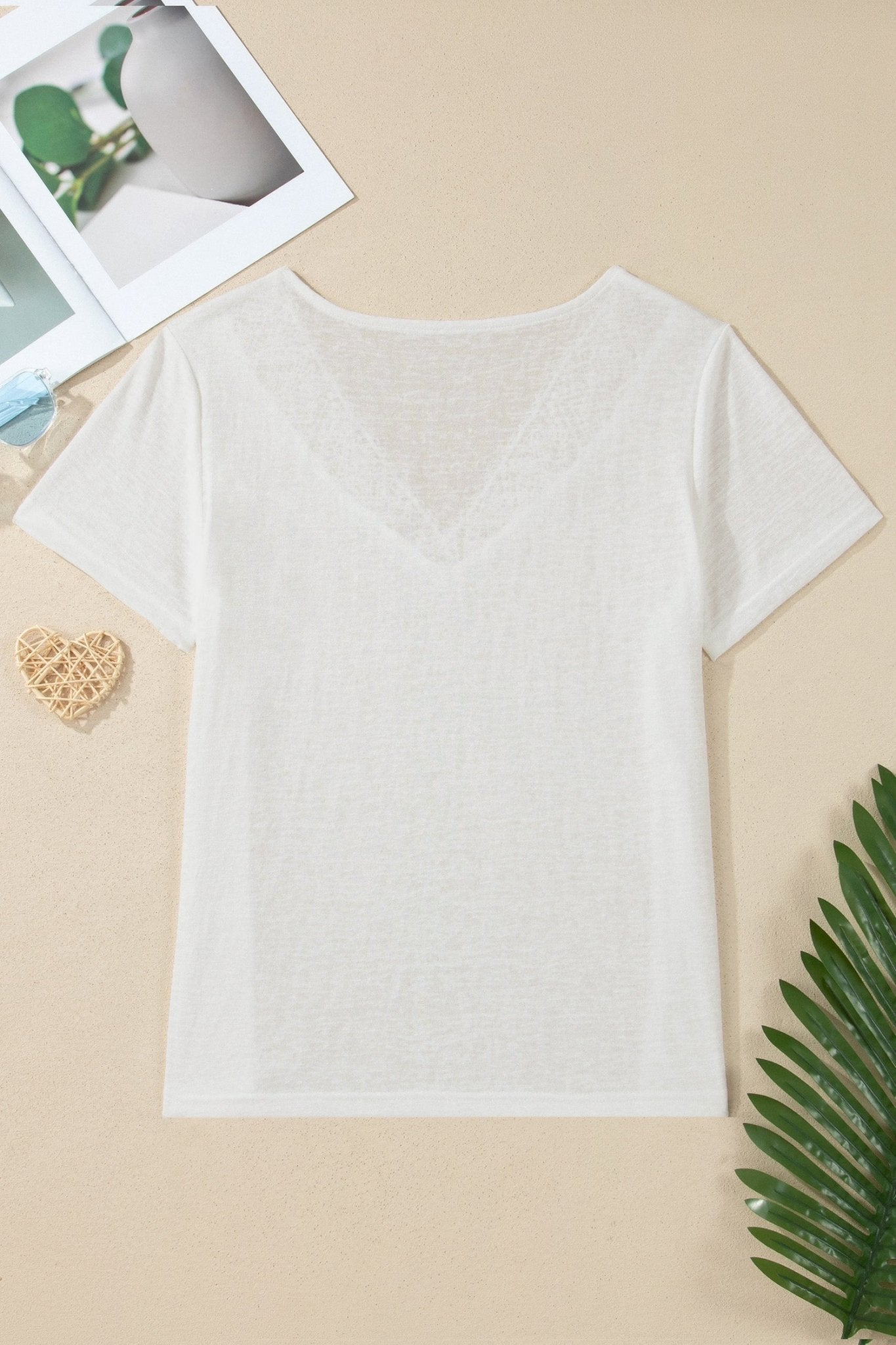 Solid Hollowed Lace Trim V-Neck T-Shirt - Rooted & Reckless Co.