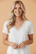 Solid Hollowed Lace Trim V-Neck T-Shirt - Rooted & Reckless Co.