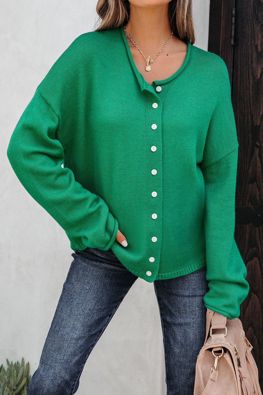 Solid Knit Button-Up Drop Shoulder Sweater Cardigan - Rooted & Reckless Co.