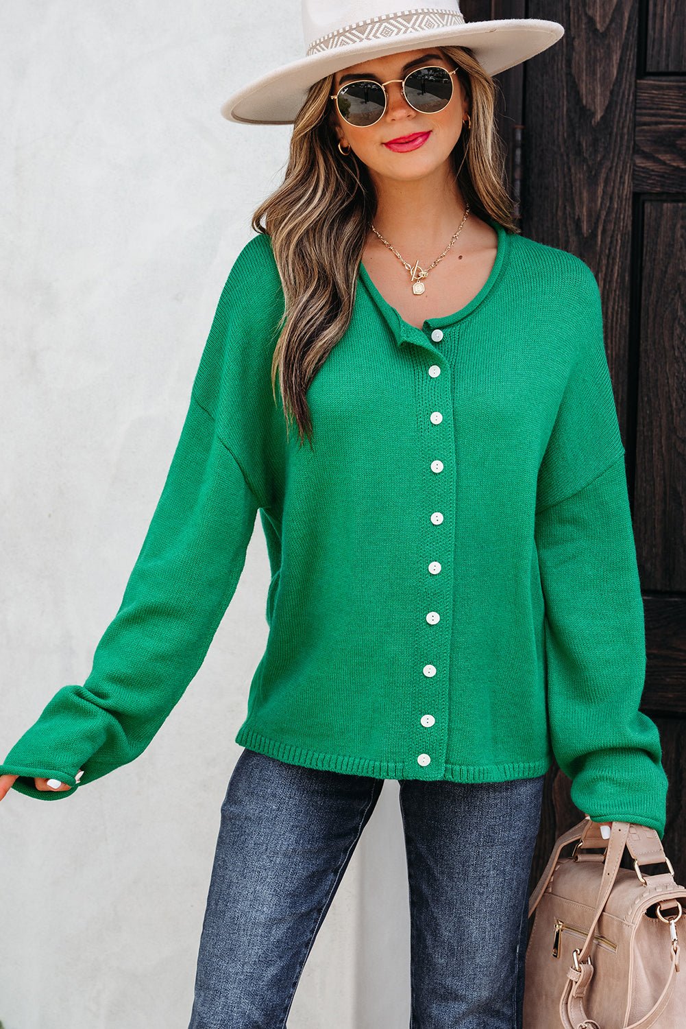 Solid Knit Button-Up Drop Shoulder Sweater Cardigan - Rooted & Reckless Co.