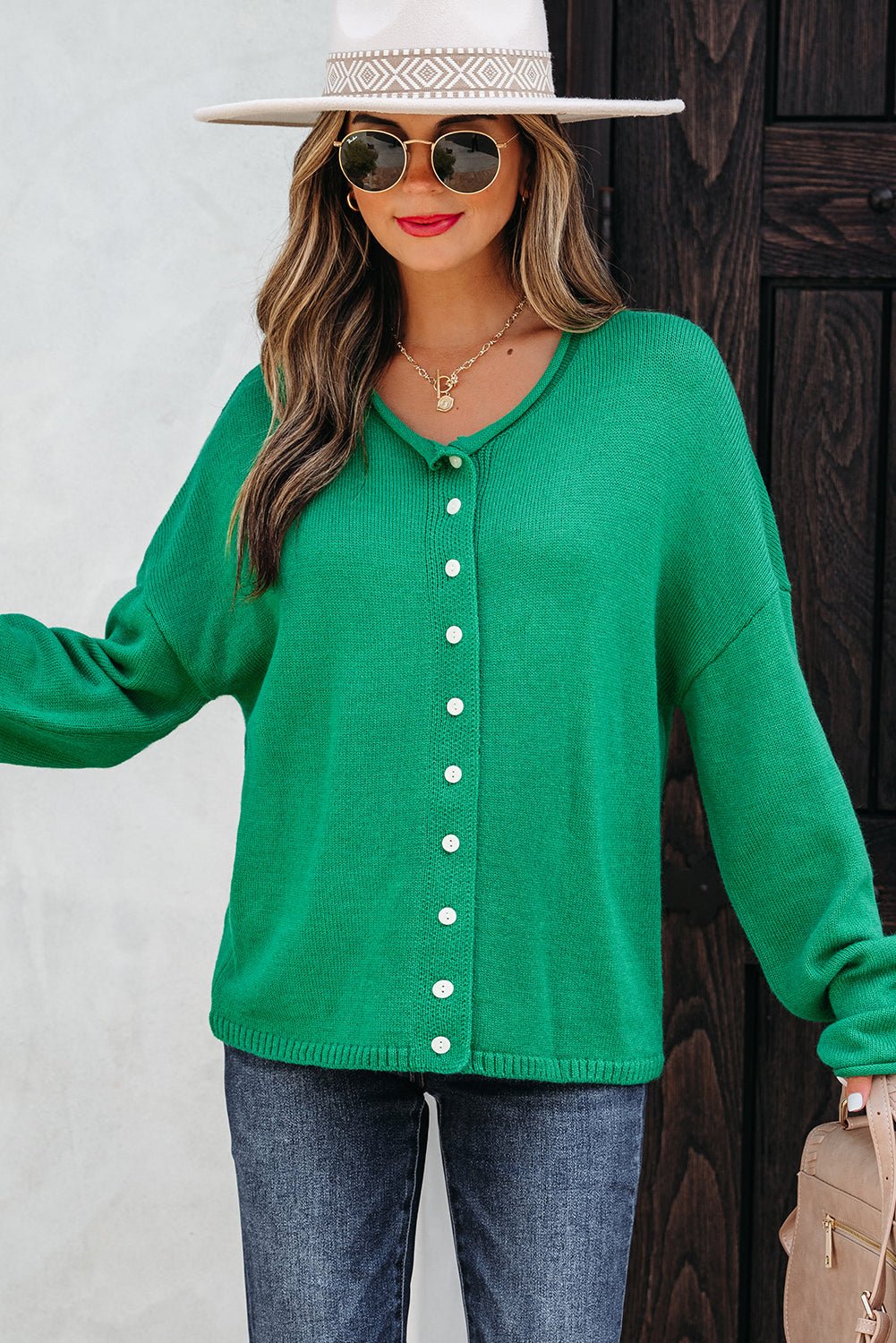 Solid Knit Button-Up Drop Shoulder Sweater Cardigan - Rooted & Reckless Co.