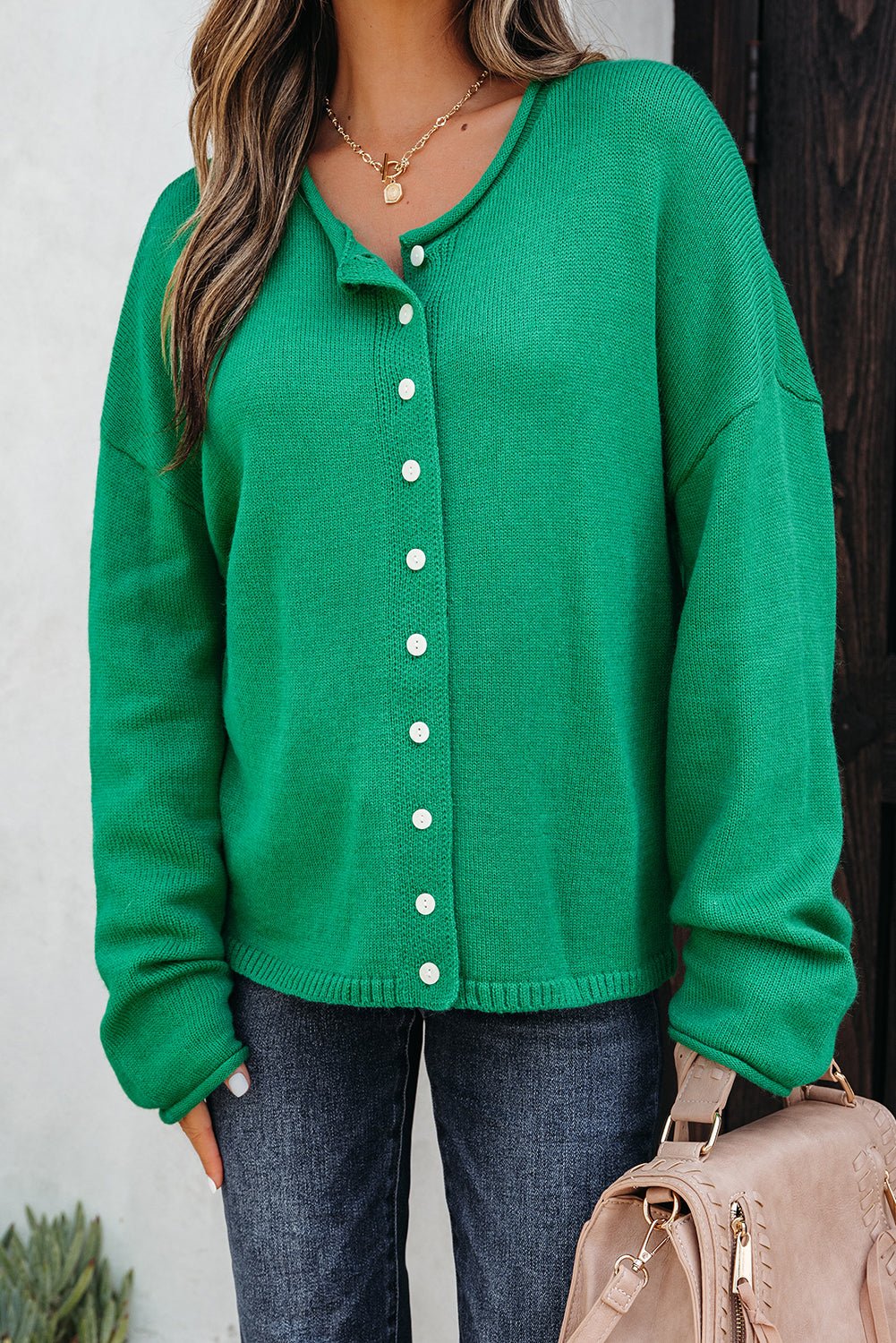 Solid Knit Button-Up Drop Shoulder Sweater Cardigan - Rooted & Reckless Co.
