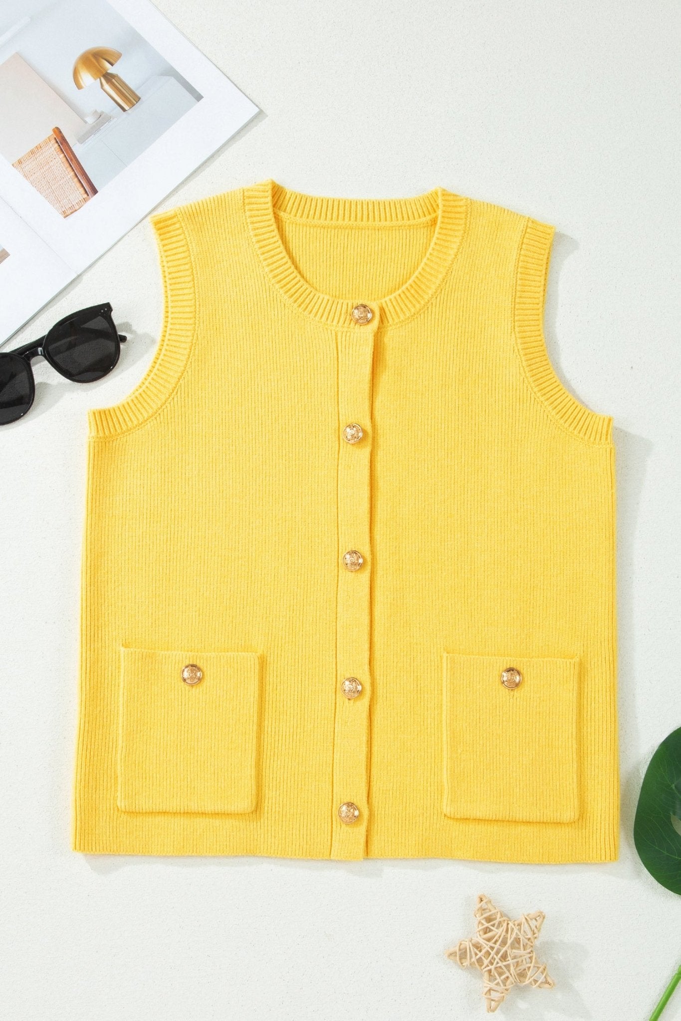 Solid Knit Sleeveless Button Front Pocketed Sweater - Rooted & Reckless Co.