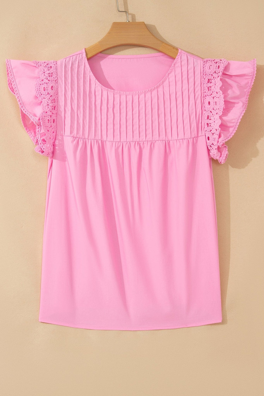 Solid Lace Flutter Sleeve Pleated Blouse - Rooted & Reckless Co.