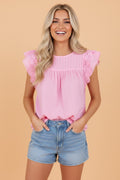 Solid Lace Flutter Sleeve Pleated Blouse - Rooted & Reckless Co.