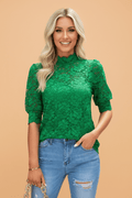 Solid Lace High Neck Short Sleeve Blouse - Rooted & Reckless Co.