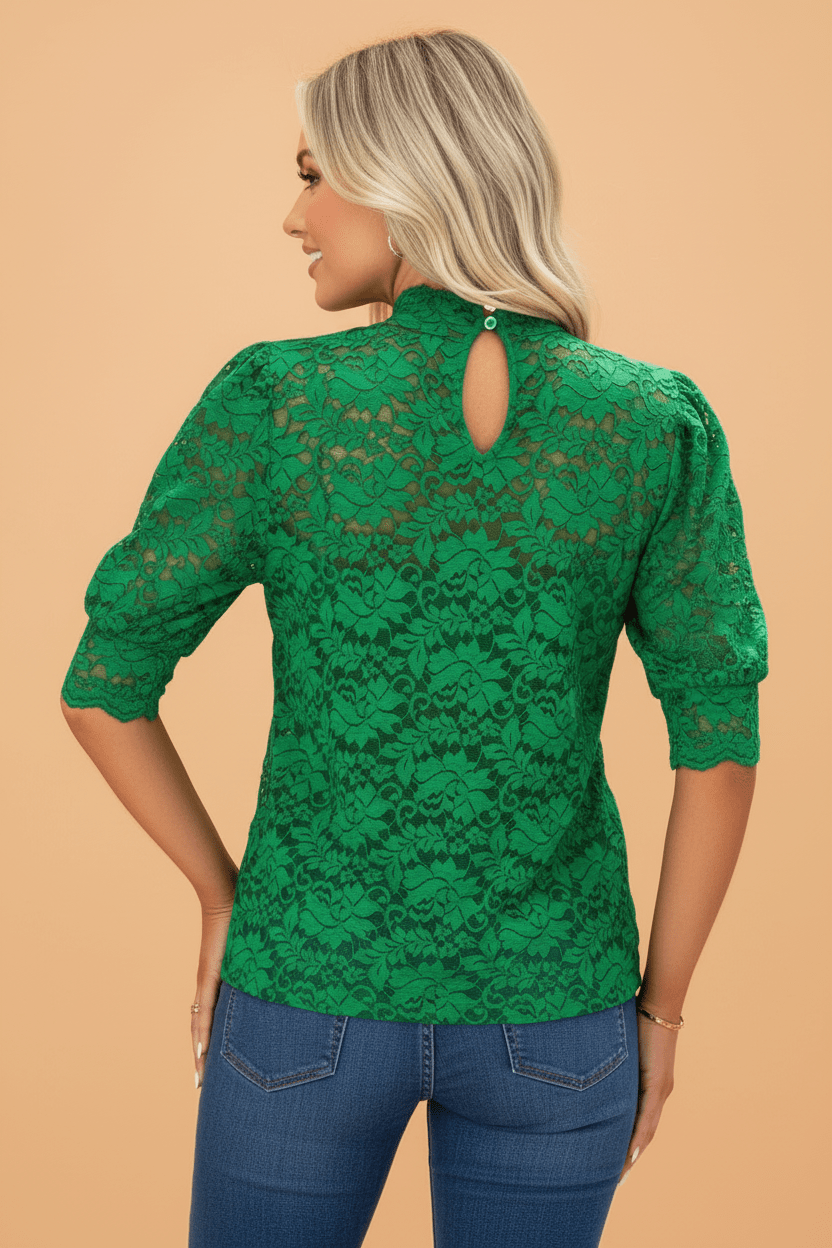 Solid Lace High Neck Short Sleeve Blouse - Rooted & Reckless Co.