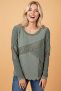 Solid Lace Patchwork Long Sleeve Knit Top - Rooted & Reckless Co.
