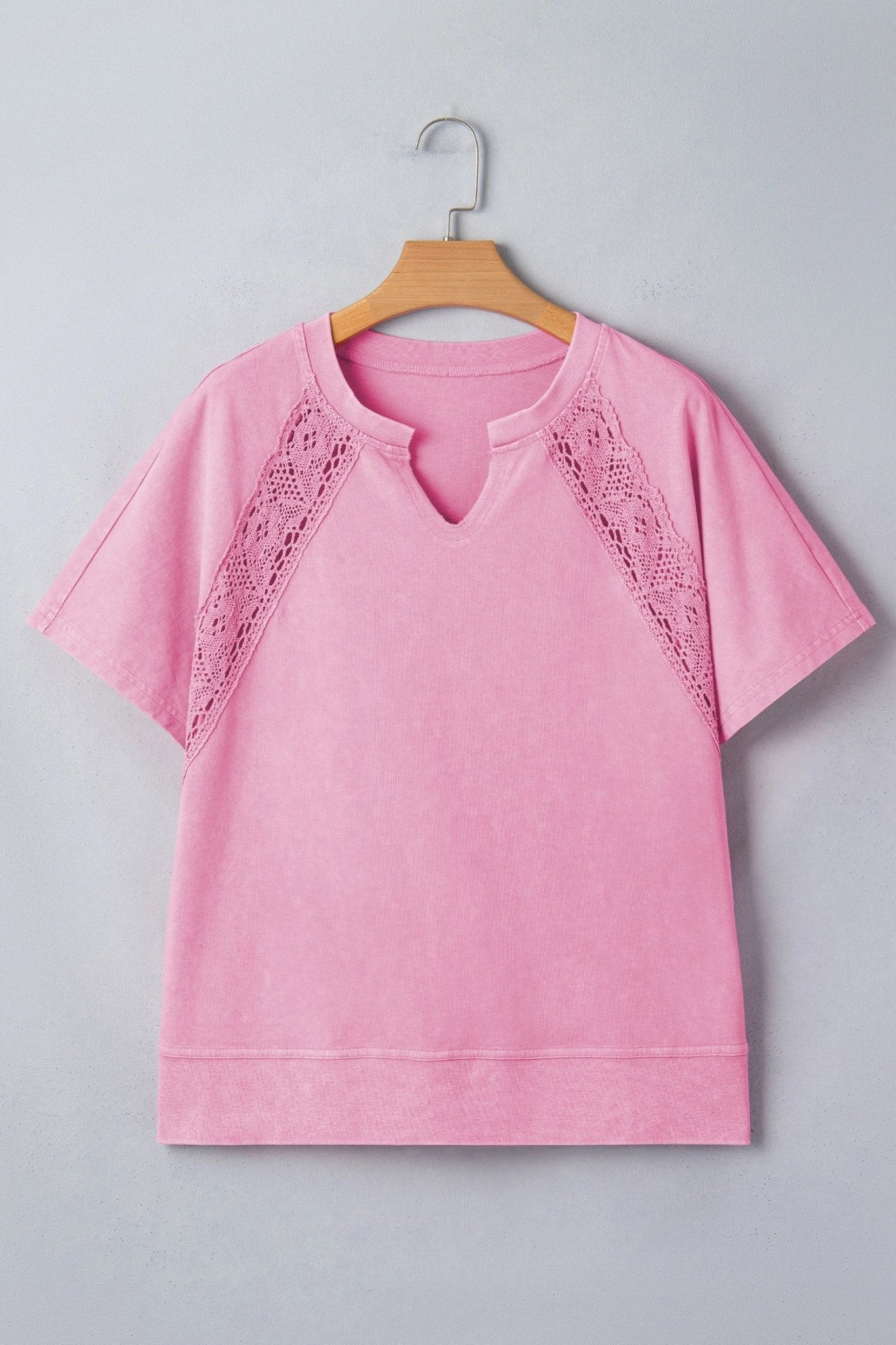 Solid Lace Patchwork Raglan Sleeve Notched Neck Tee - Rooted & Reckless Co.