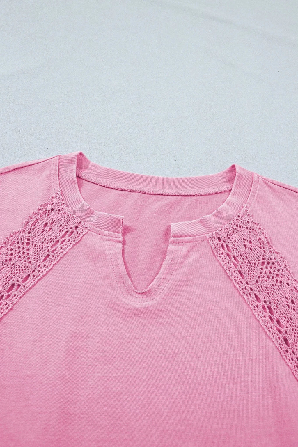 Solid Lace Patchwork Raglan Sleeve Notched Neck Tee - Rooted & Reckless Co.