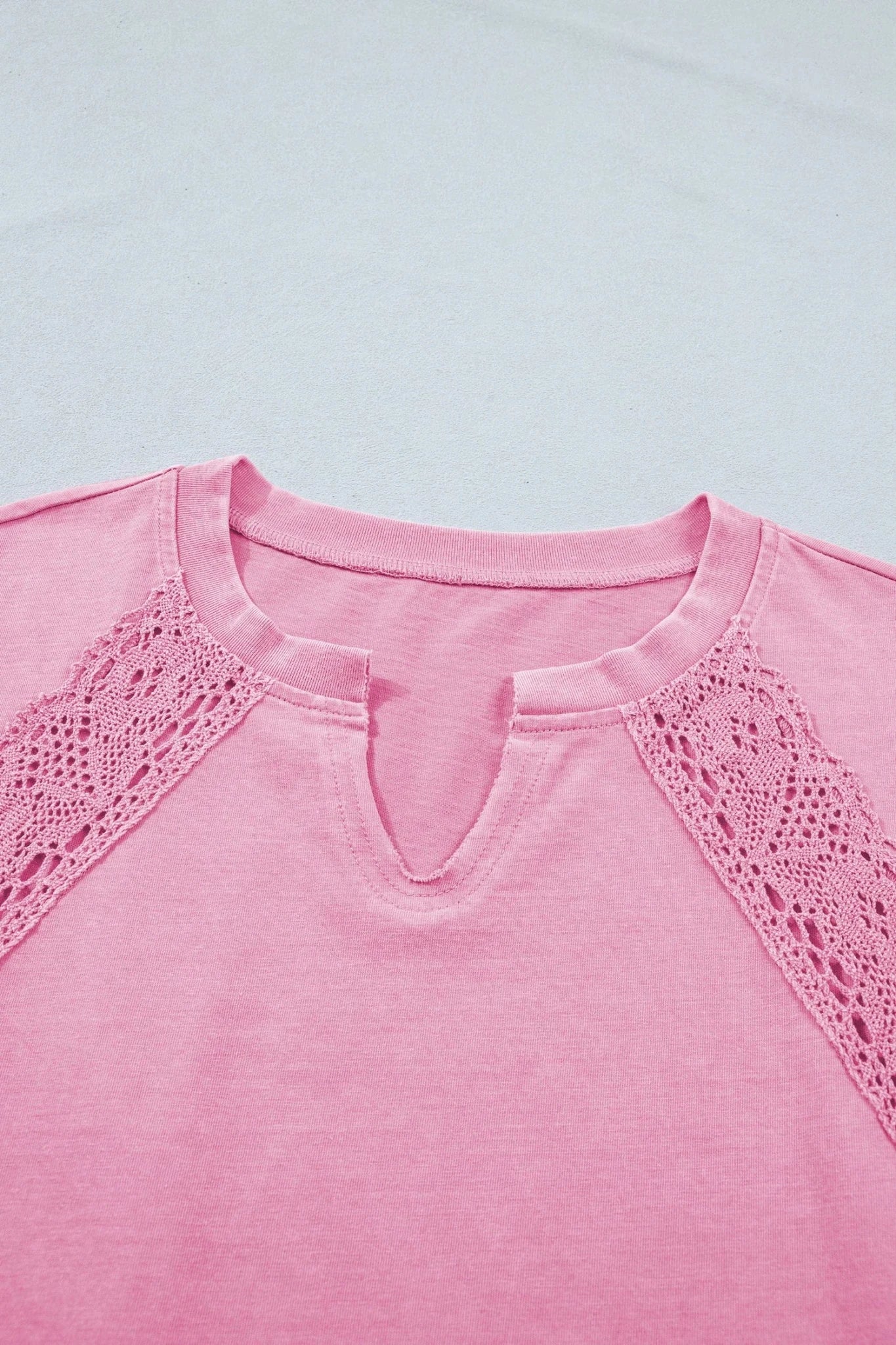 Solid Lace Patchwork Raglan Sleeve Notched Neck Tee - Rooted & Reckless Co.