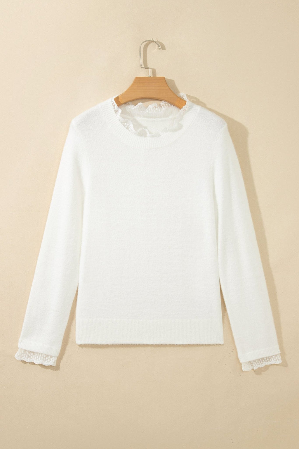 Solid Lace Trim Crewneck Long Sleeve Sweater - Rooted & Reckless Co.