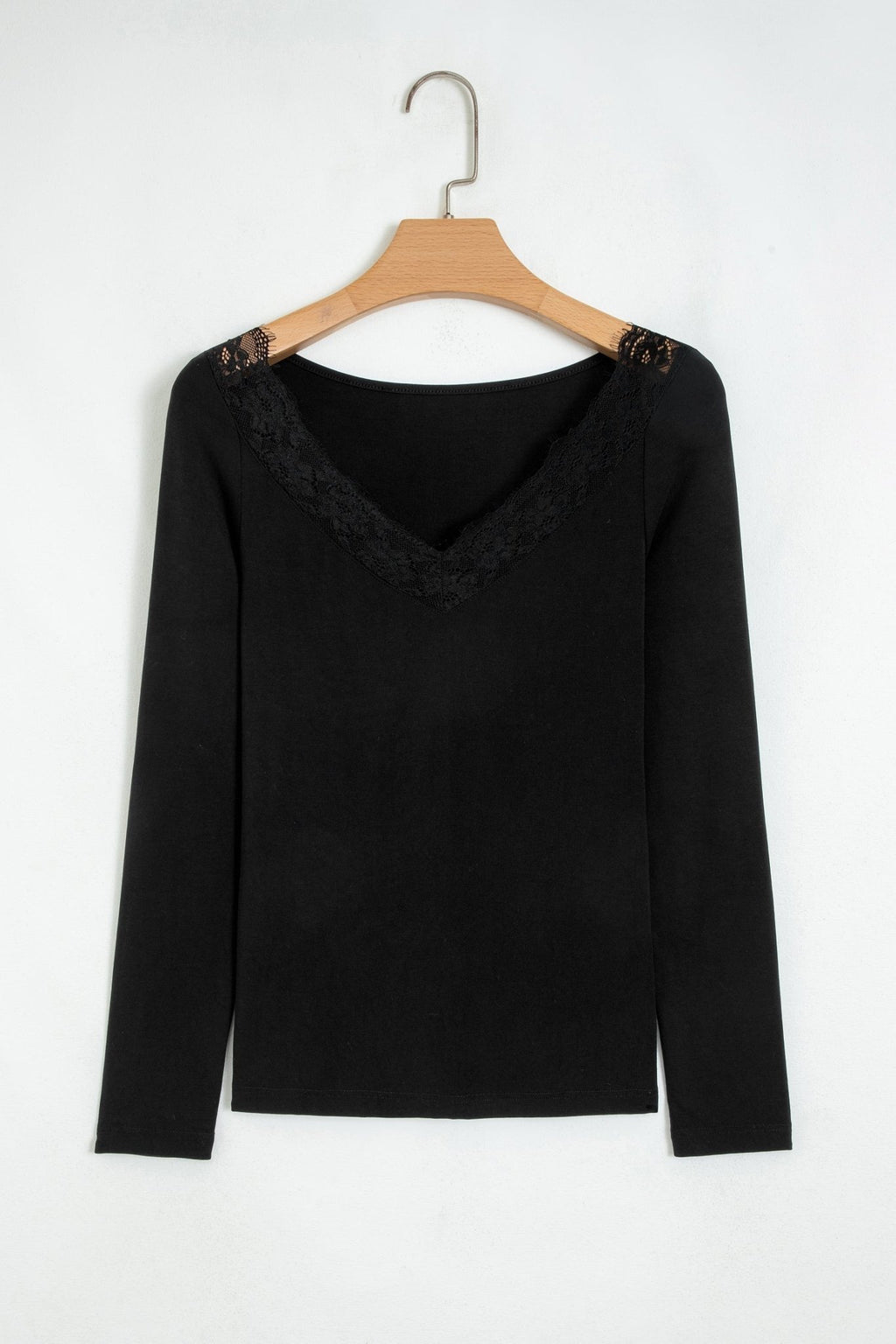 Solid Lace Trim V-Neck Long Sleeve Top - Rooted & Reckless Co.