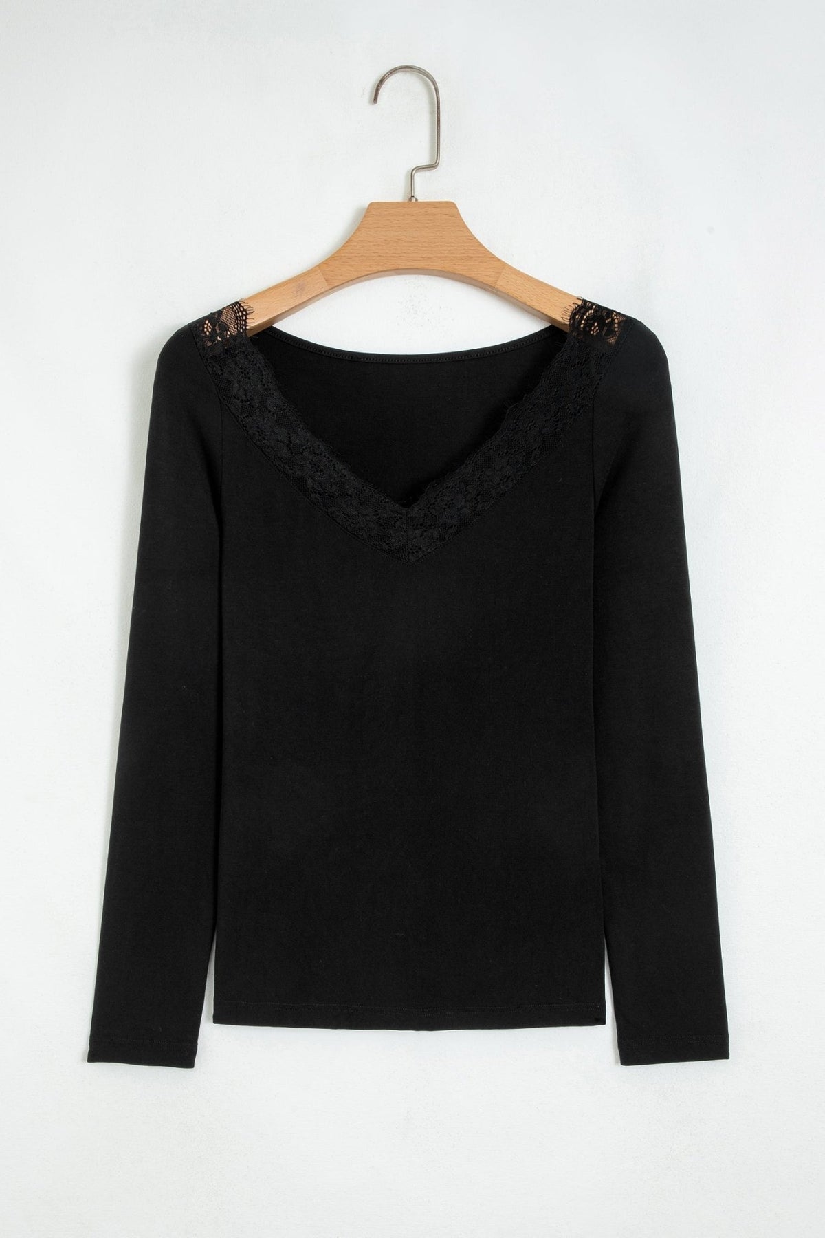 Solid Lace Trim V-Neck Long Sleeve Top - Rooted & Reckless Co.