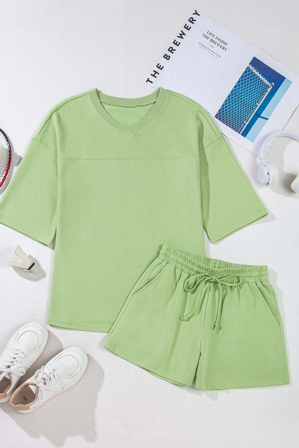 Solid Loose V-Neck Tee & Drawstring Shorts Set - Rooted & Reckless Co.