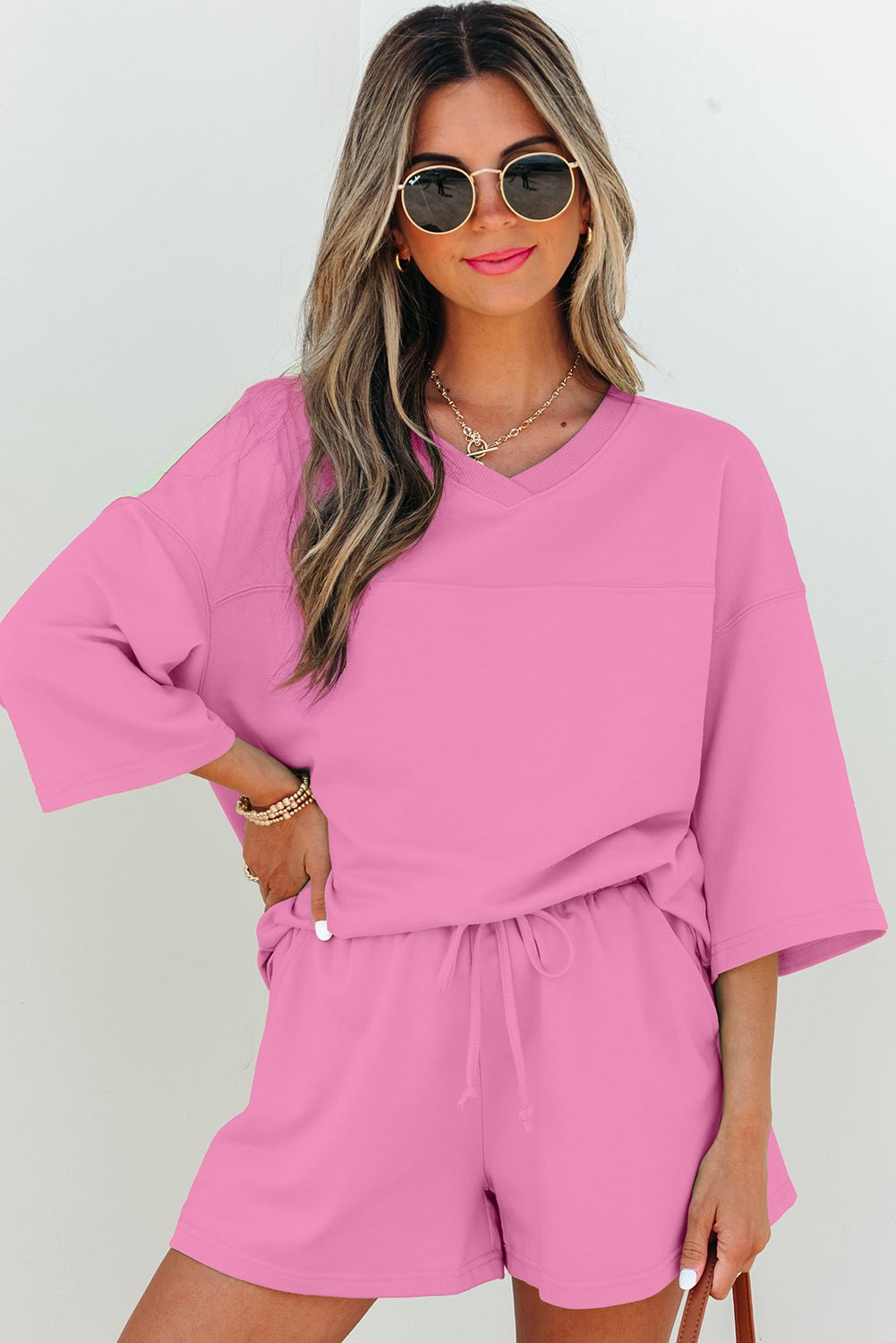 Solid Loose V-Neck Tee & Drawstring Shorts Set - Rooted & Reckless Co.