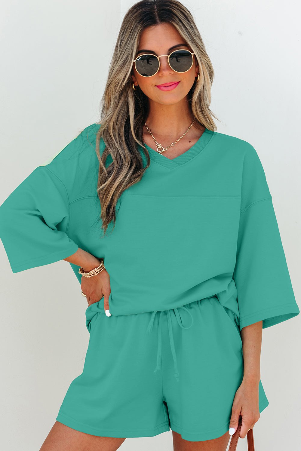 Solid Loose V-Neck Tee & Drawstring Shorts Set - Rooted & Reckless Co.