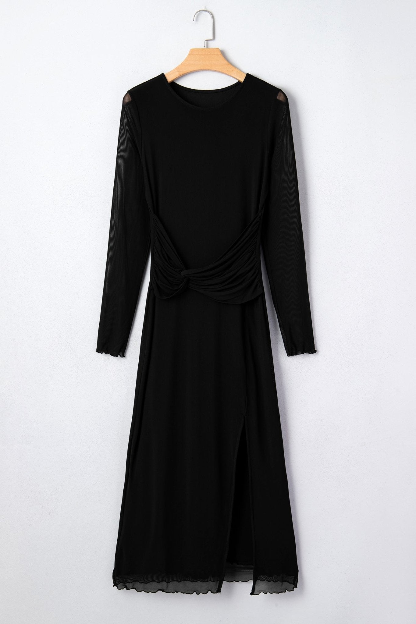 Solid Mesh Knotted Waist Side Slit Midi Dress - Rooted & Reckless Co.
